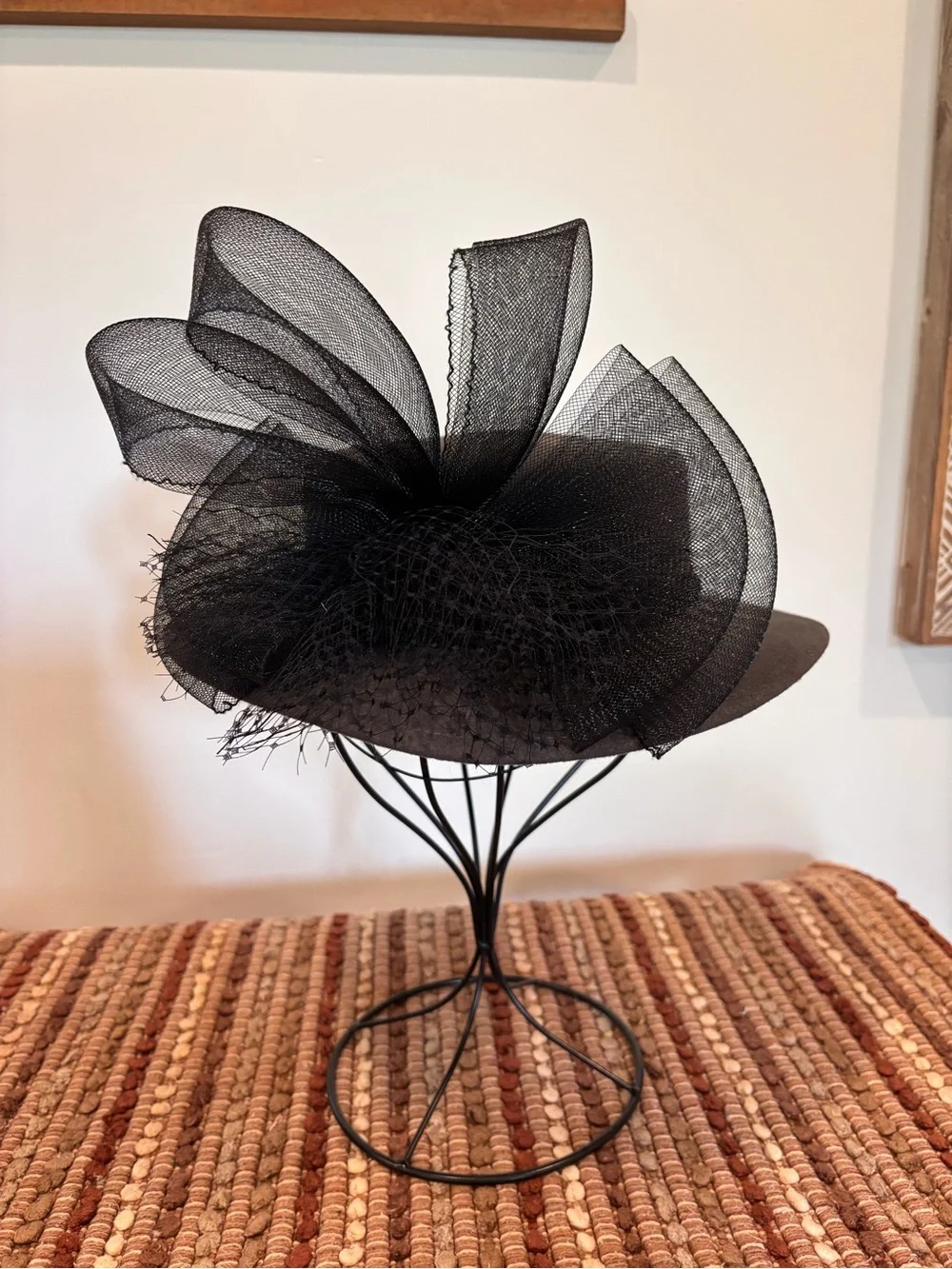 Brown Wool Felt Wide Brim Fascinator Hat Black Sinamay Bow Veil Kentucky Derby - Picture 6 of 7